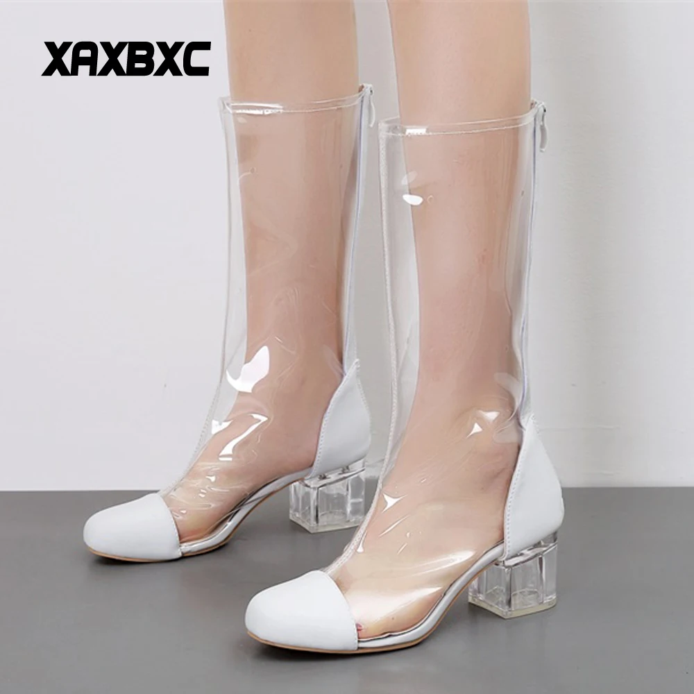 

XAXBXC 2018 Spring Summer Mujer Crystal High Heels Long Boots Women Transparent Botas Ladies Party Shoes