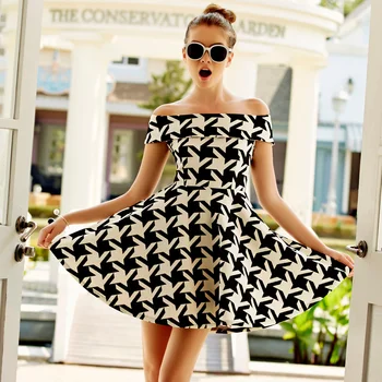 

Fashion Spring And Summer Vintage Houndstooth Print Sexy Slit Neckline Strapless High Waist Short One-Piece Dress