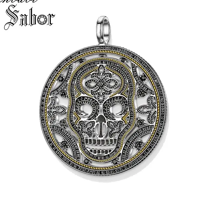 

Pendant Round Skull Disc 925 Sterling Silver Rebel Black For Women & Men Punk Gift Heart Pendant Fit Necklace thomas