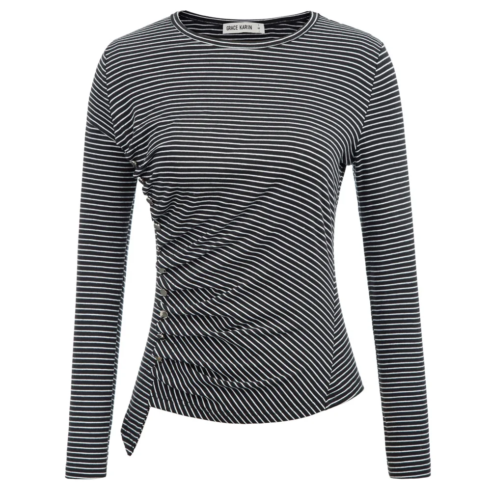 

GK Women's t-shirt Casual Long Sleeve Crew Neck Buttons striped Cotton tshirt Spring Autumn ladies ruched Pleated Tops lady tees