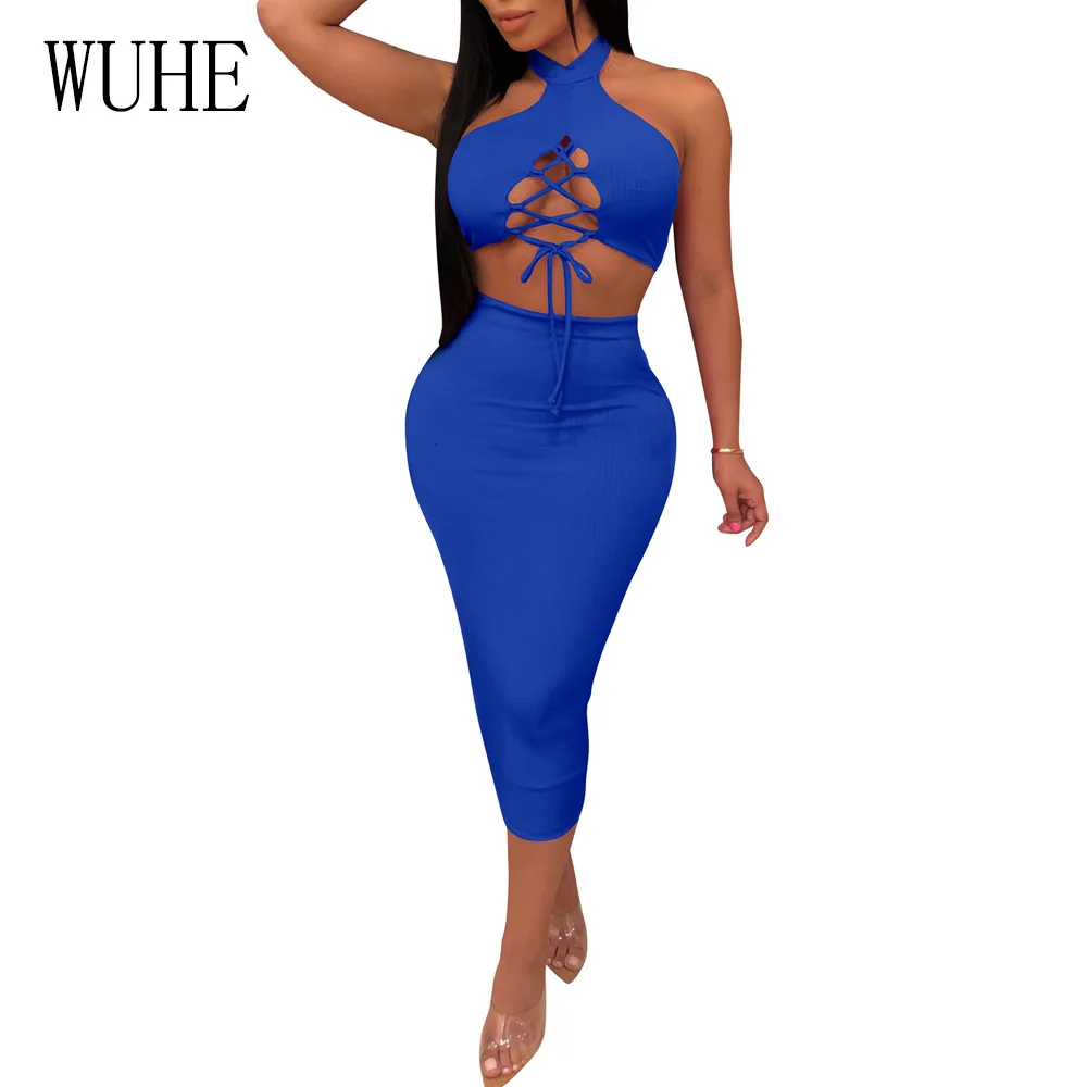 

WUHE Elegant Two Pieces Set Women Hollow Out Summer Dress Off Shoulder Sexy Lace Up Club Bodycon Party Bandange Pencil Dresses