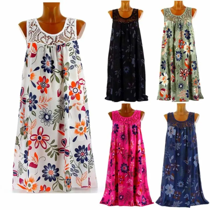 

Women Sexy Round Neck Sleeveless Mini Short Dress Lady 2019 Casual Boho Floral Lace Summer Beach Holiday Italian Dress S-5XL