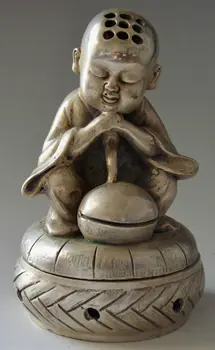 

Collectible Decorated Miao Silver Carve Little Monk Sleep Incense Burner