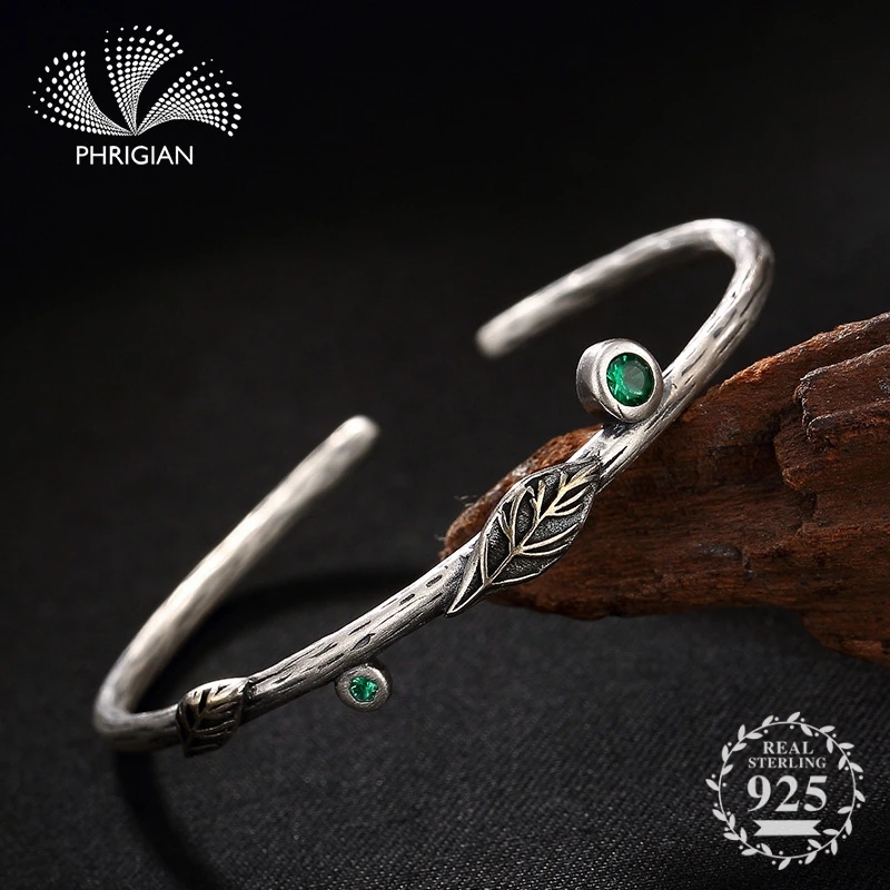 

NOT FAKE S990 Fine Jewelry 100% Sterling Silver Bangle Vintage Ethnic emerald leaf branch Natural flea market Luxury Elegant
