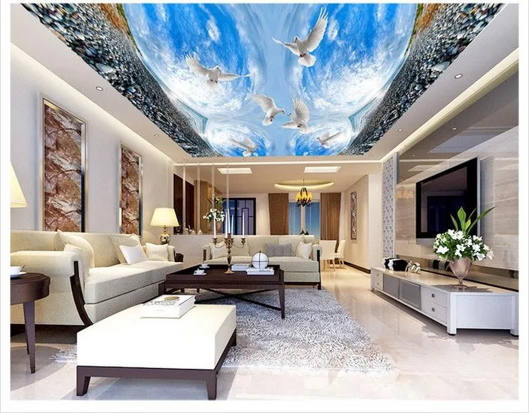 Пользовательские фото обои 3d потолочные фрески обои голубое небо и белые облака птиц камень Потолочные фрески украшения дома