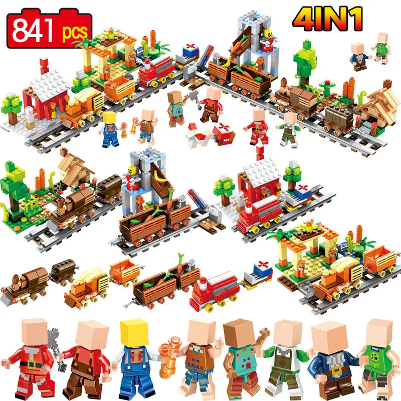 

4 In 1 My World Train Seasons Scene Building Blocks Compatible Legoingly Minecrafted Figure Bricks Enlightenment Children Toys