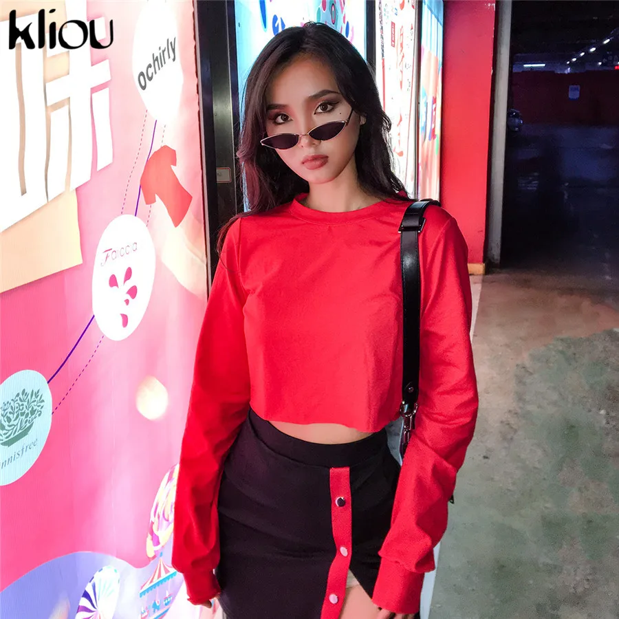 Kliou 2019 الربيع جديد وصول الصلبة الأحمر النساء بلوزات fulll كم فضفاض س الرقبة البلوفرات الإناث أزياء قصيرة عارضة قمم