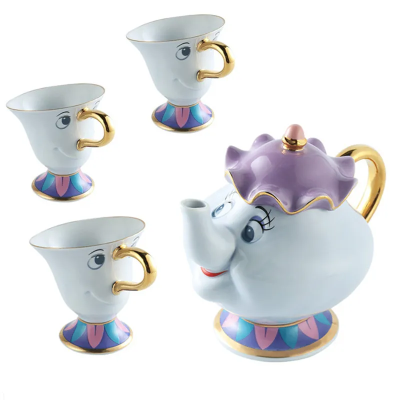 

Cartoon Beauty And The Beast Coffee Pot Cup Mug Mrs Potts Chip Kettle Mark Porcelain 18K Gold-plated Ceramic Gift