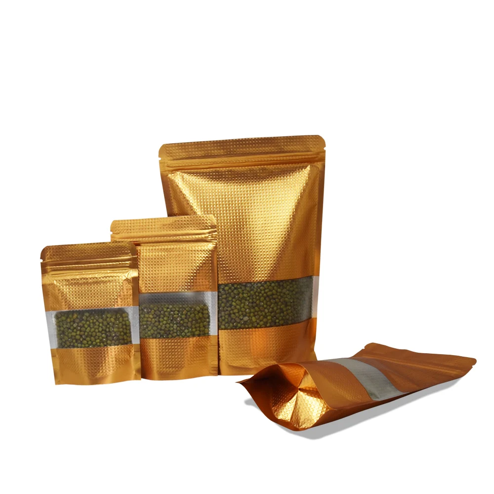 

100Pcs Gold Stand Up Aluminum Foil Bags with Window Resealable Lines Zipper Packaging Pouch Zip Lock for Tea Nuts Snack Storage