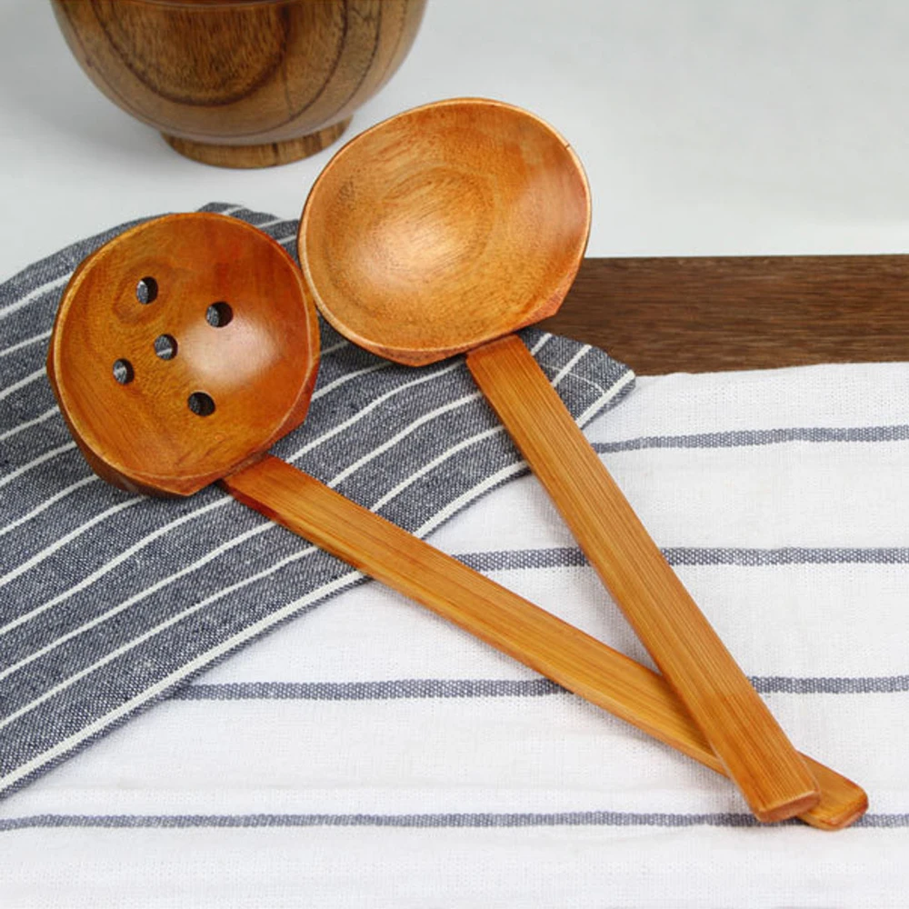 Multi-Use Nature Solid Wood Material Ladles Set Pierced Table Spoon Hot Pot Ramen Soup Buffet Slotted | Дом и сад