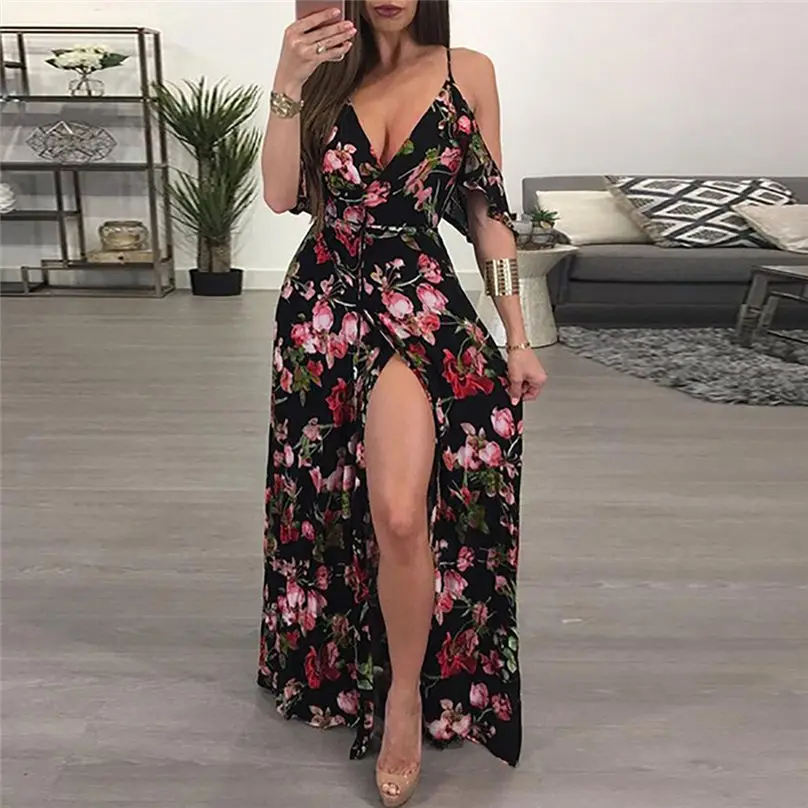

2019 Fashion Women V Neck Summer Dress Casual Lady Bohemia Floral Printed Dress vestidos mujer robe femme elegant bodycon #3A23