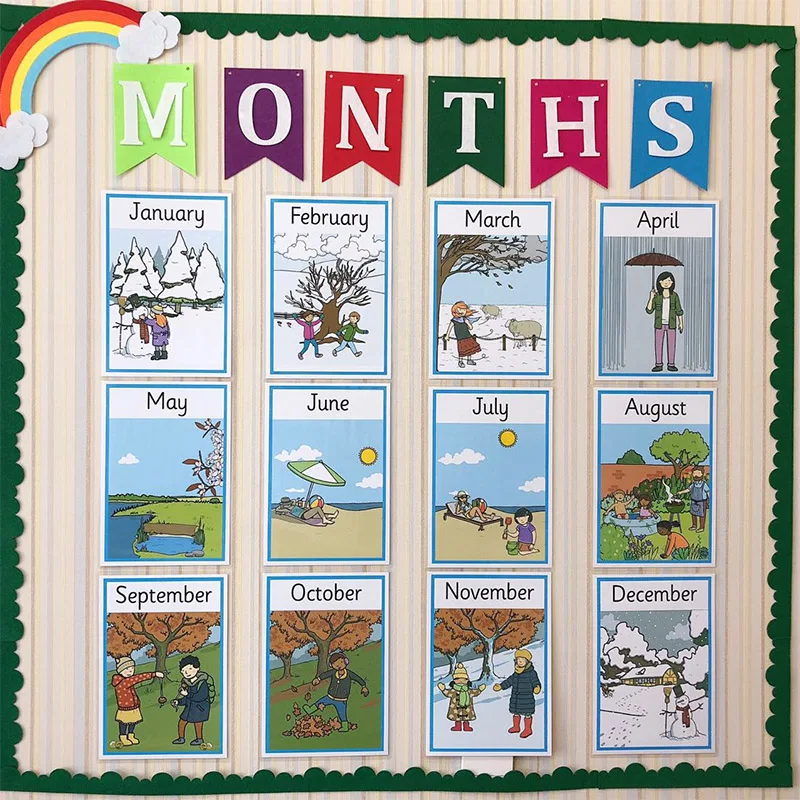 

12Pcs/Set Learn English Months Year Flash Card Teaching Aid English Poster A4 Big Card Educational Toys For Children Kids Gifts