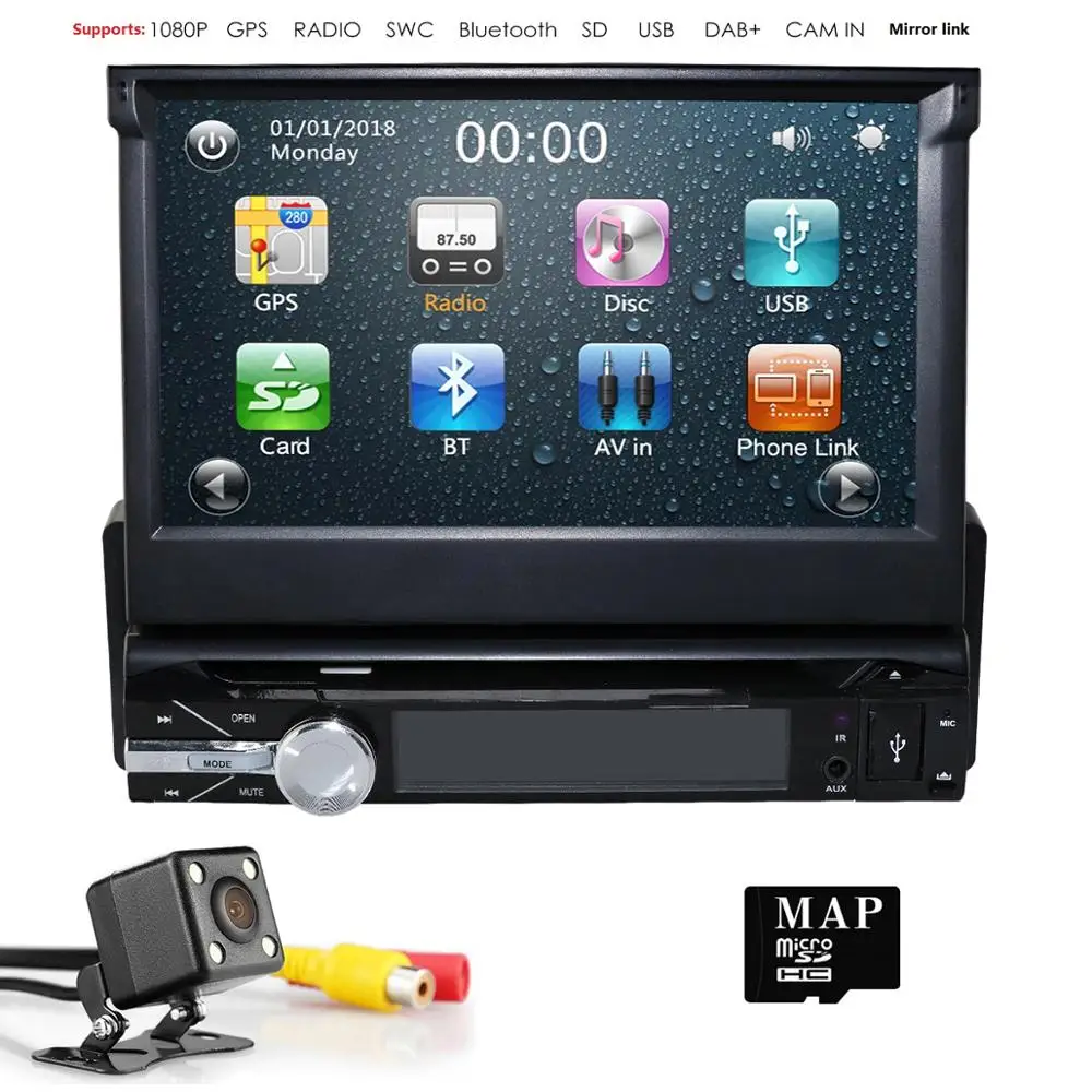 

Single 1 Din Car DVD Player Universal Car Radio Stereo Headunit With RDS Bluetooth Touch Screen+ Rear Camera+Map