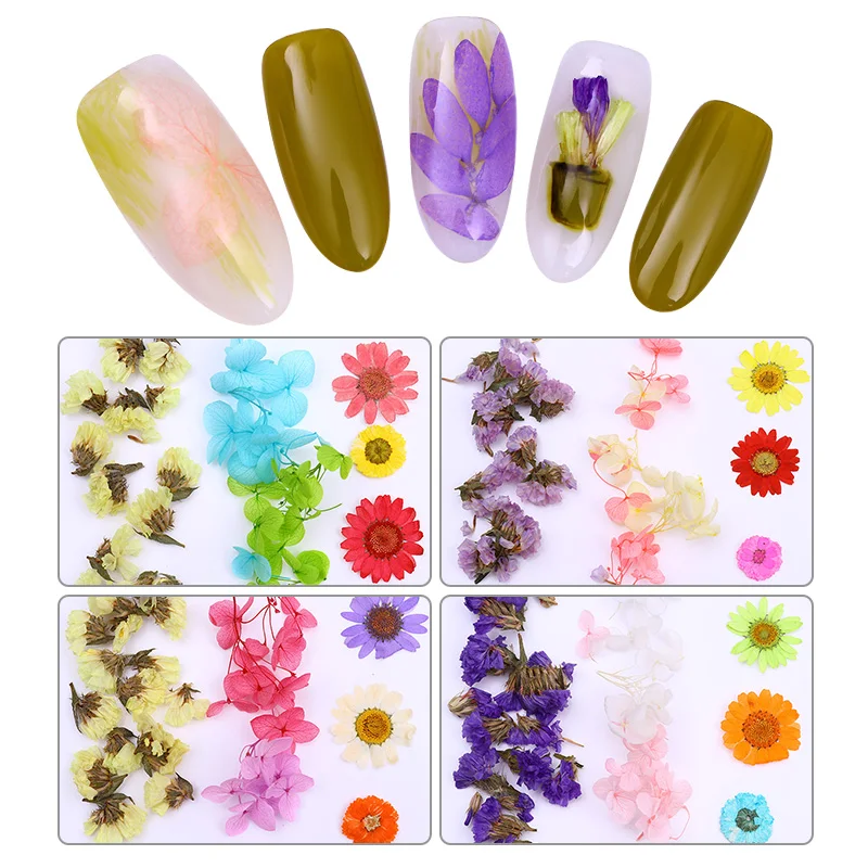 1 مربع المجففة الزهور مسمار الديكور مختلط المحفوظة زهرة مع القلب على شكل مربع DIY مانيكير 3D مسمار الفن زينة