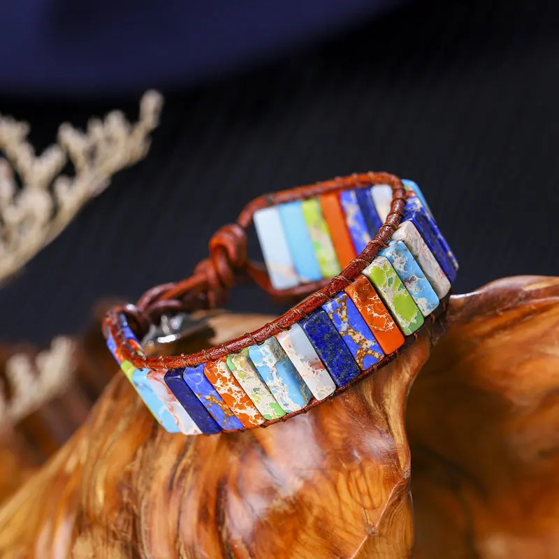 

Handmade Chakra Bracelet Multi Color Natural Stone Tube Beads Leather Wrap Couples Bracelets for Men Wome Creative Jewelry Gift