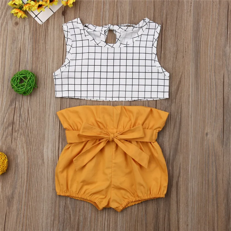 

Brief Newborn Baby Girls Sets Clothes Summer 2Pcs Sleeveless Plaid Crop Tops Vest+Bow Shorts Baby Girl Cotton Outfits 0-24M