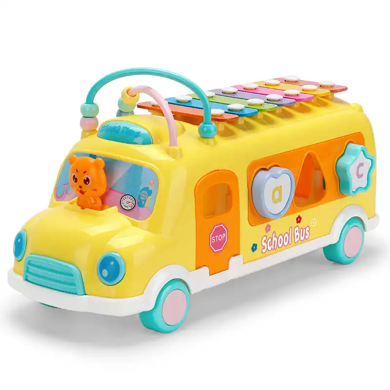 New Arrival 3 In 1 Toy Bus With Doors That Open Educational Set With Slide Out Xylophone And Shape Matching Blocks For Kids Baby