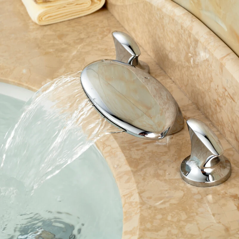 Deck Mount Dual Handles Waterfall Bathroom Tub Faucet Widespread Basin Sink Mixer Tap Chrome Finished