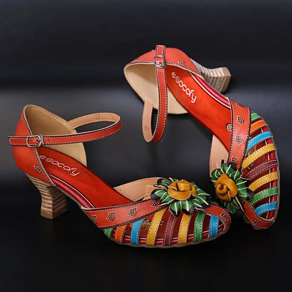SOCOFY/Элегантные цветные рыбацкие сандалии из натуральной кожи с цветочным узором; летние сандалии на высоком каблуке