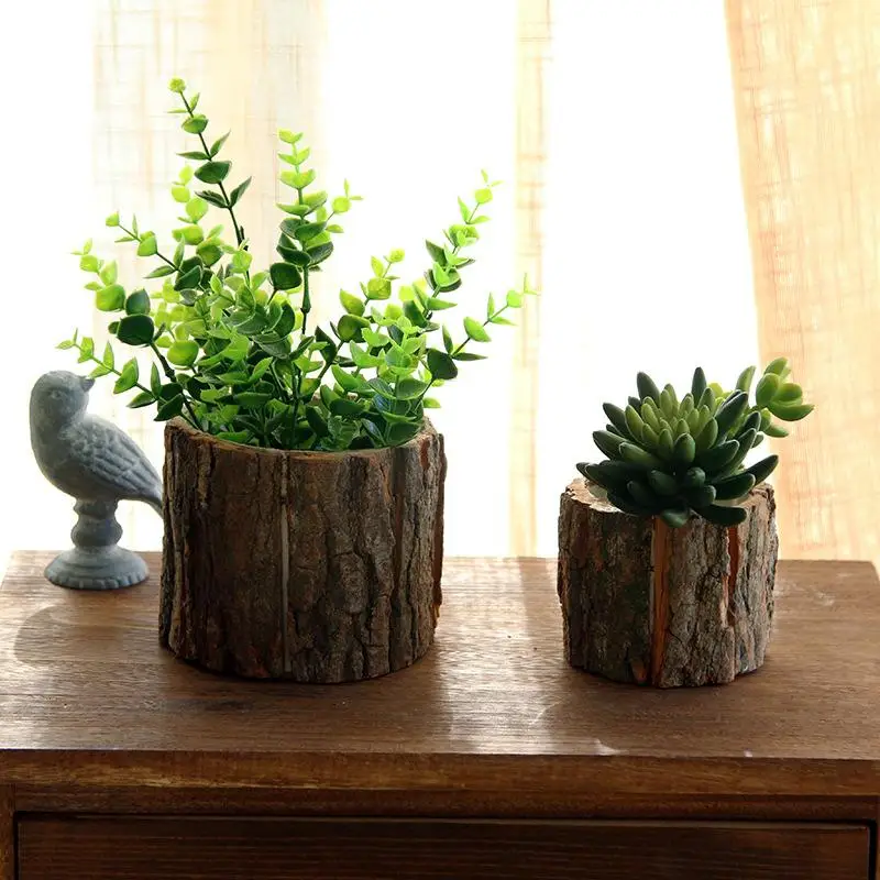 

Vintage Round Table Decoration Plant Pot Style Wooden Desktop Flowerpots Fake Tree Bark Succulent Plants Container