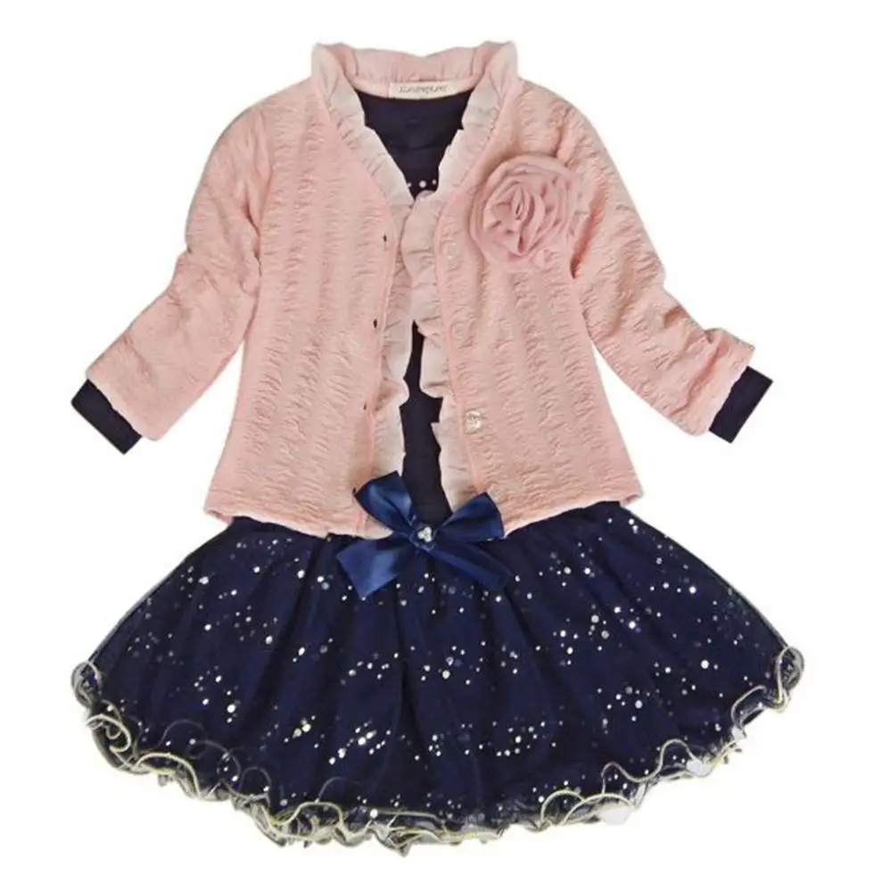 

Tutu Party Set Suit Pink Clothes 3pcs Baby Girls Coat+T-shirt+Skirt Dress New