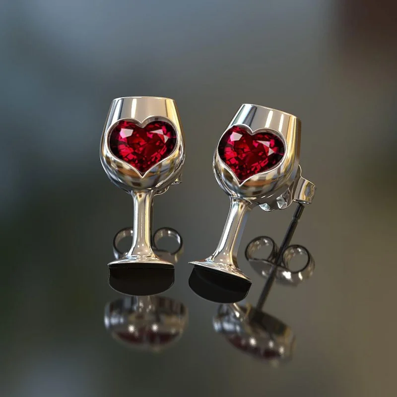 

ZPAMS Women's Fashion Stud Earrings Stainless Steel Wine Glass Style Earrings Set Heart Red Stone Silver Earrings for Women