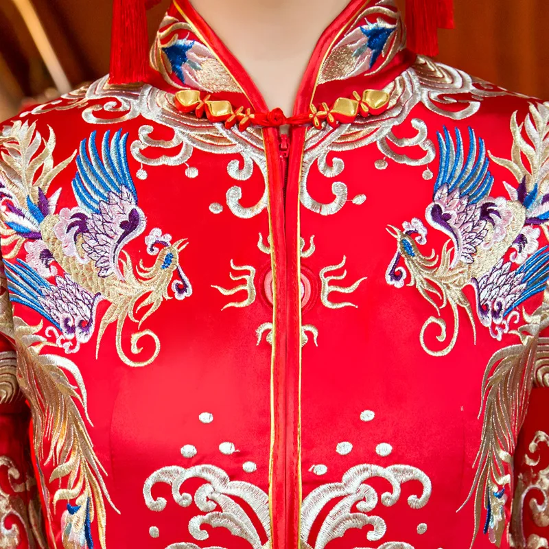 Новый стиль вышивки торжественное платье Королевский Феникс свадьба Cheongsam костюм красный невесты старинные китайские традиционные Тан