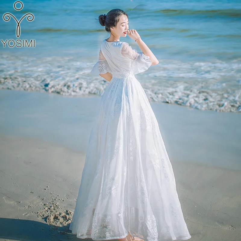 YOSIMI летнее макси винтажное кружевное длинное женское платье сказочное вечернее цветочное 3D вышитое женское платье белое до щиколотки