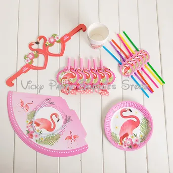 

36pcs/lot Flamingos Theme Cartoon Birthday Party Tableware Sets for 6 Disposable Plates Cups Straws Baby Shower Party Supplies