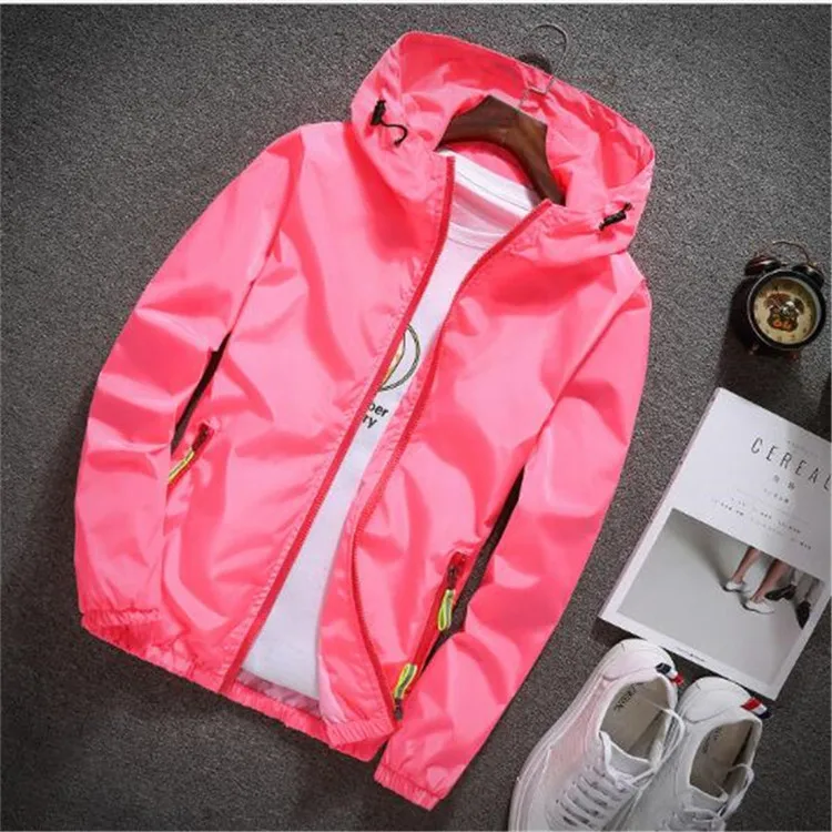 Новая весенне-осенняя куртка-бомбер размера плюс 6XL 7XL, мужская и женская повседневная однотонная ветровка на молнии, тонкое пальто с капюшоном, верхняя одежда, мужская куртка - Цвет: Розовый