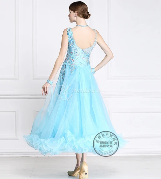 customize light blue Waltz tango Fox trot Quick step Ballroom Modern  competition Dance Dress bead long sleeve for black pool - AliExpress