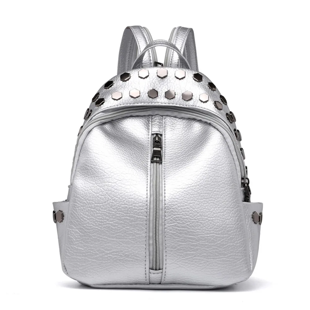 

Women Backpack Teenager Girls PU Leather Preppy Style School Backpack silver Rivet Women Bag Travel Rucksack