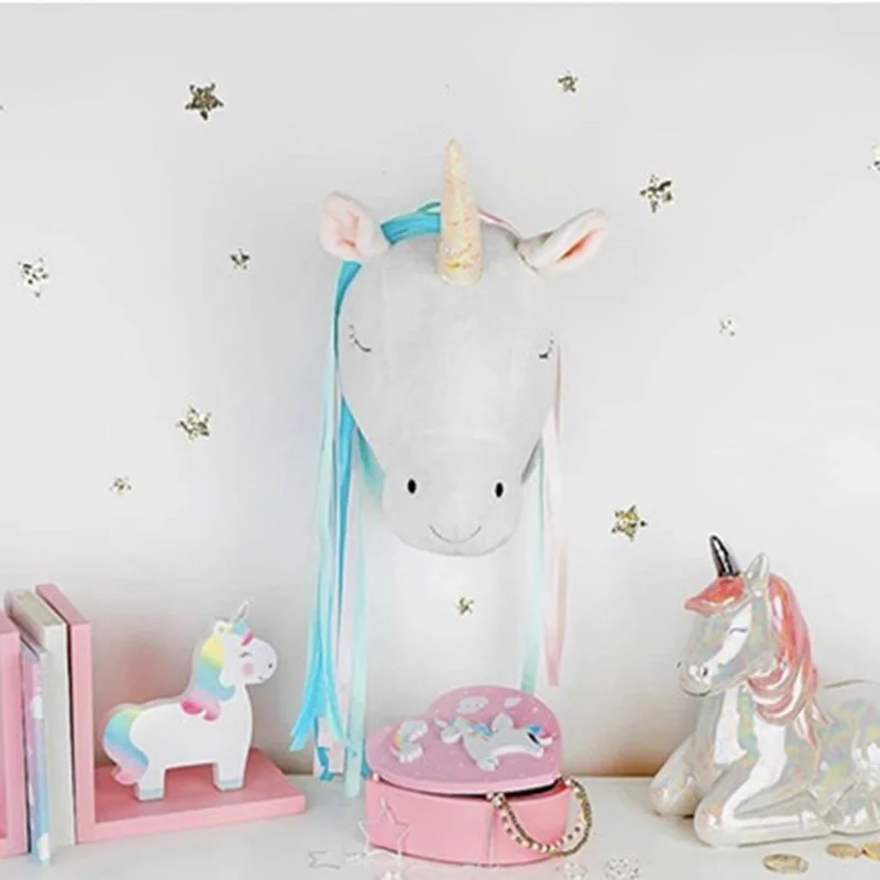 

Soft Toys Unicorn Stuffed Animal Head Wall Decoration Baby Room Nursery Decor Wall Hanging Mount Girl Kids Birthday Shower Gift