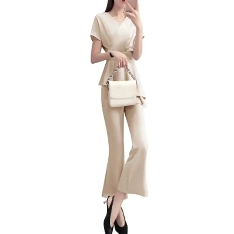 Модный костюм женский Весна Новый Высокое качество Лето Мода Нерегулярные Гофрированные Топы плюс широкие брюки двухсекционный костюм