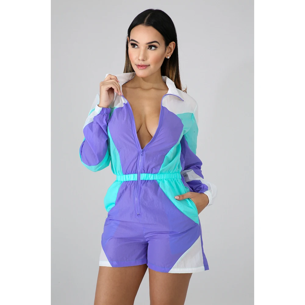 

Casual Sunscreen Color Block Playsuit Sexy Zipper Long Sleeve Color Matching Short Pants Jumpsuit Outwear Rompers Women Jumpsuit