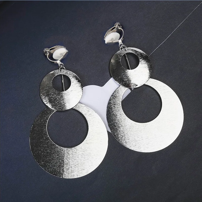 Grace Jun New Design Personality European and American Large Double Circle Clip on Earrings for Female Party Wedding Bijouterie