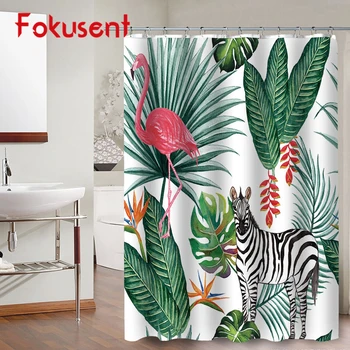 

FOKUSENT Wholesale New Design Plants and Animals Flamingo Zebra Factory Custom Print Polyester Bathroom Fabric Shower Curtains