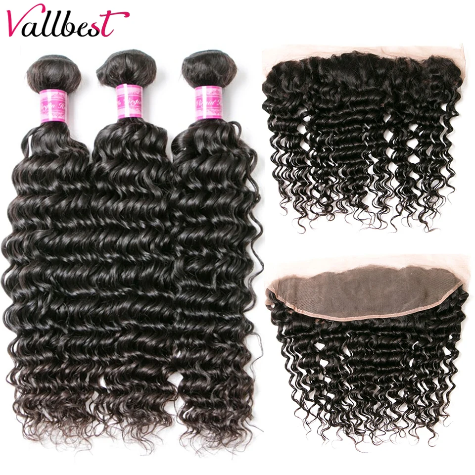 

Vallbest Malaysian Deep Wave Bundles With Closure Human Hair Weaves 3 Bundles With Lace Frontal Closure Remy Hair Extension