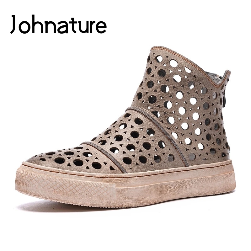 

Johnature 2020 New Summer Genuine Leather Round Toe Flat With Ankle Boots Zipper Solid Retro Cool Boots Sandals Women Shoes