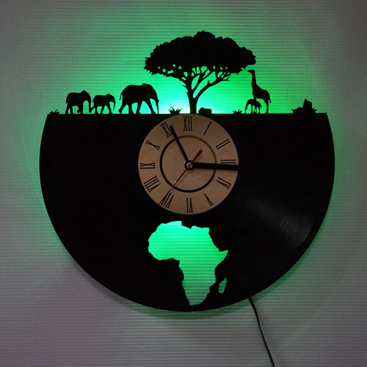 

Horloge Mural Saat Clock Free Shipping Vinyl Record The African Elephant Animal Retro Night Light Remote Control Mute Custom