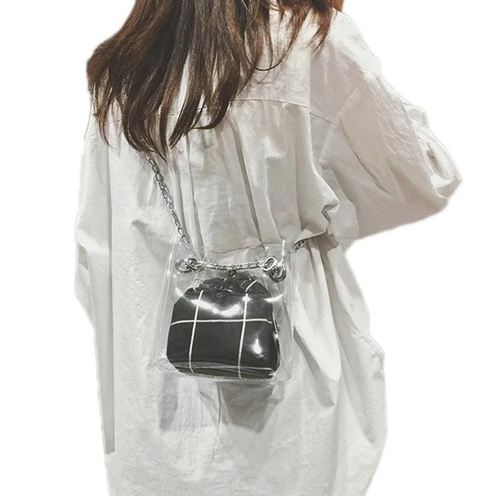 

2018 New Women Transparent Bag Clear PVC Jelly Tote Fashion Cross Body Shoulder Bags Chain Bucket Bag Casual Plaid Print Purse