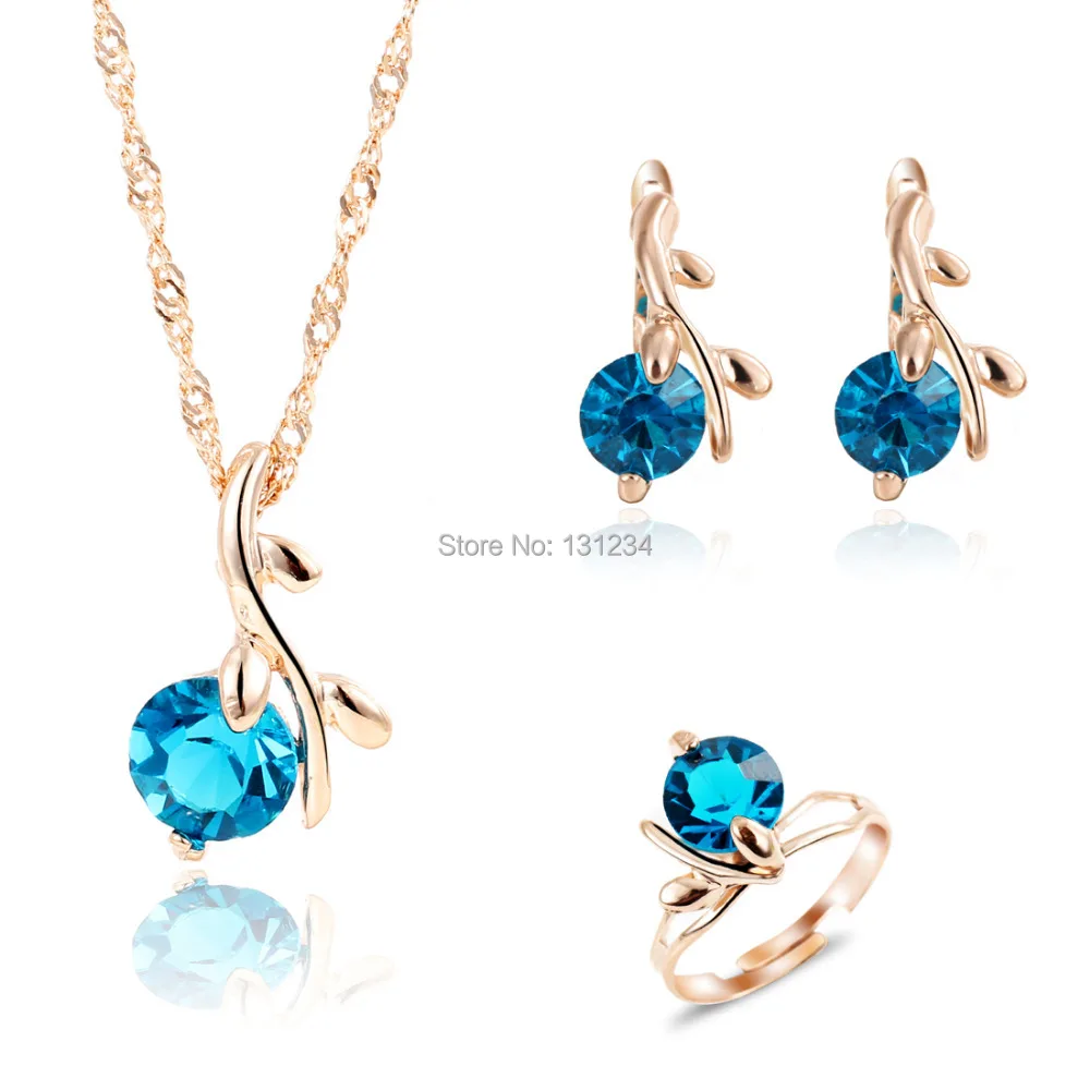 

2016 Unique Peacock Blue Gems Water Drop Pendant Necklace Rings Jewelry Sets for Women Rose Gold Color Wedding Jewelry Set