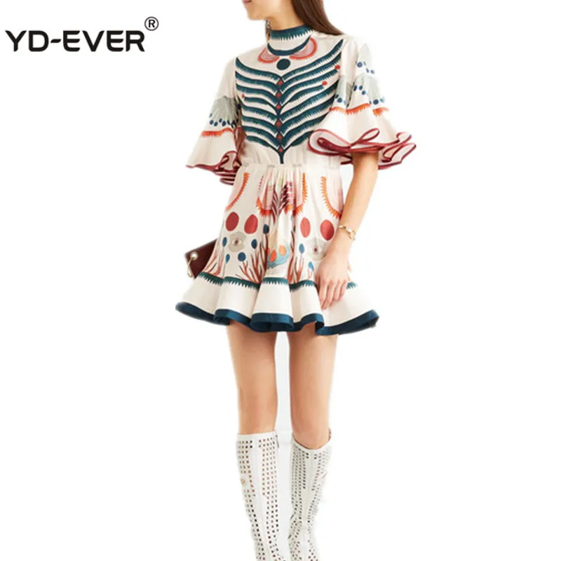 

harajuku Dress for Lady 2019 summer New Women Runway Designer Print Flare Sleeve Ruffle mini Party Dress fish tail boho dress