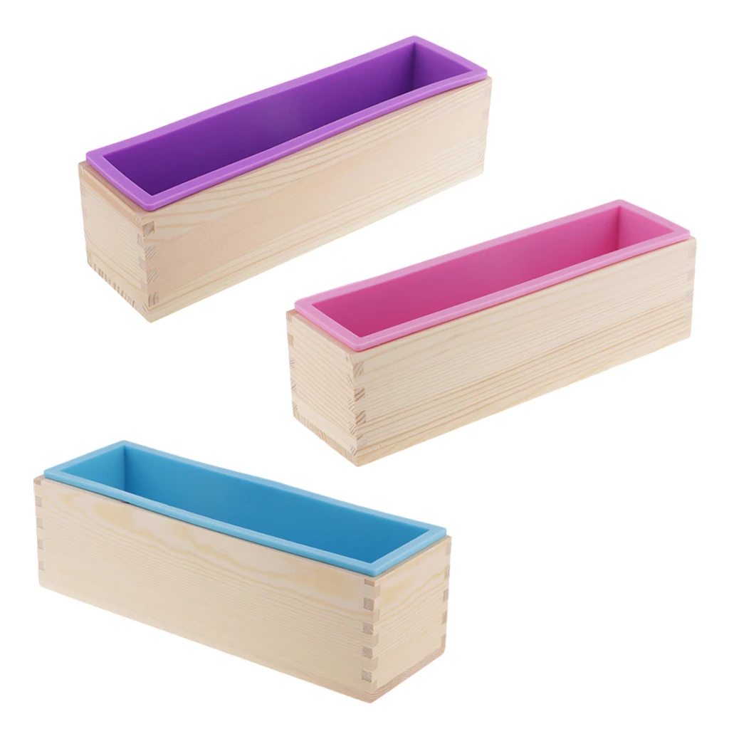 3pcs Rectangle Silicone Soap Mold Wooden Box DIY Tools Toast Loaf Baking Cake Molds - Pink/ Purple/ Blue