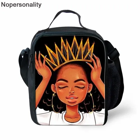 Preto para Mulheres da Forma Térmica de Alimentos Nopersonality Isolamento Almoço Bolsa Princesa Impressão Meninas Afro Senhora