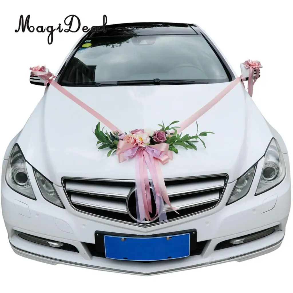 9pcs Wedding Car Decorations Kit  Artificial Silk Flower Ribbon and Bows Ties Set Limousine Car Roof Door Mirror Decor