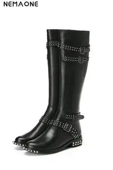 

NEMAOME Knee High Boots Women Genuine Leather Rivets Buckles Long Motorcycle Boots Ladies Warm Autumn Winter Shoes Woman