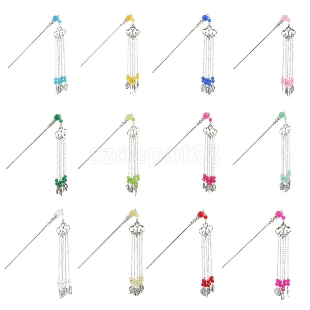 Solid Metal Tasel with Beads Stick Pin Hanfu Dress Ancient Chinese Cosplay Drama Girls Cute Hair Pin