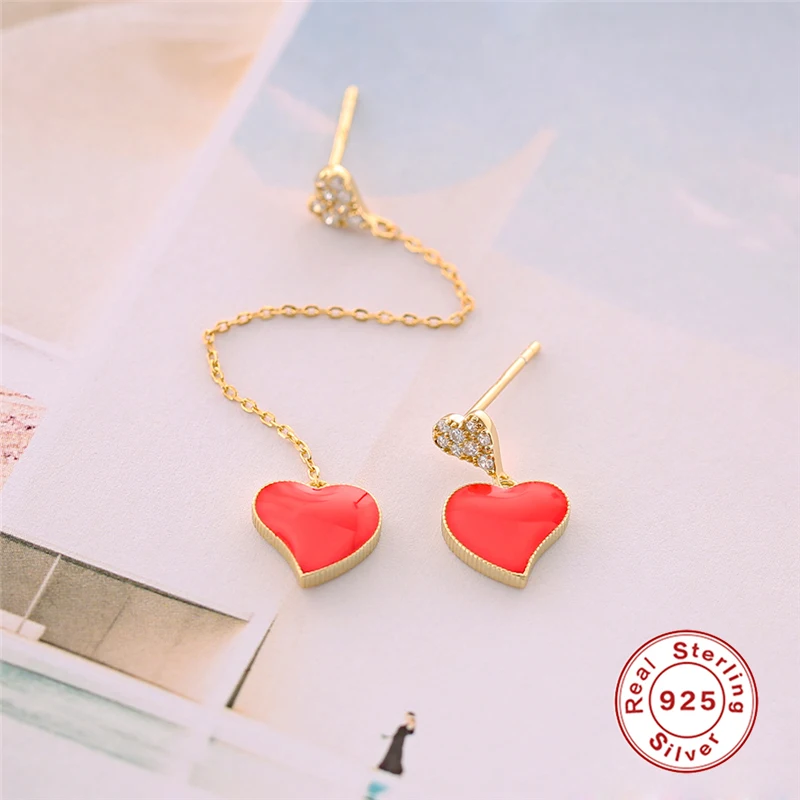 Red Love Heart Long Tassels Drop Earrings for Women CZ Zircon Asymmetry Dangle Earring 925 Sterling Silver Jewelry C35