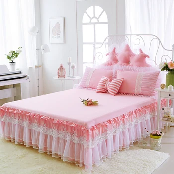 

Korean Princess Dream Bed Skirts 100% Cotton lace bedding Double-wide twin full Queen king size 3pcs pink Bed Skirts pillowcase